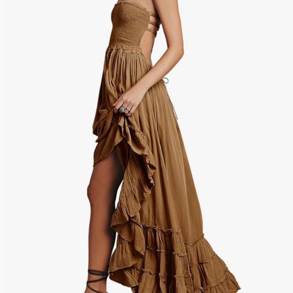 Elegant Brown Strapless Maxi Dress